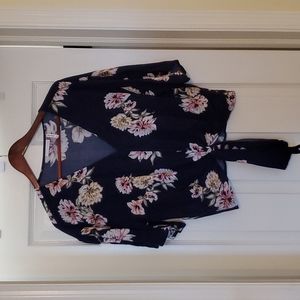 Navy Blue Floral Tie-Front Blouse